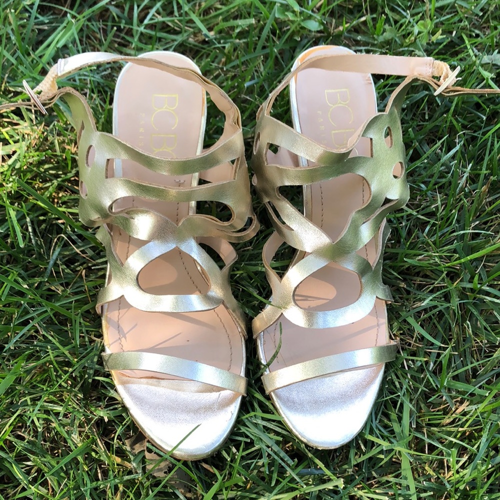 BCBG gold strappy heels. Size 8